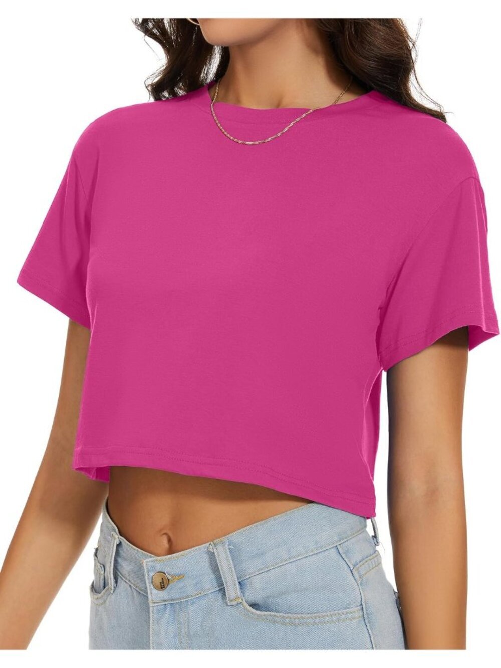 〽️Women's Hot Pink Short Sleeve Round Neck Loose Fit Casual Summer Crop Tops